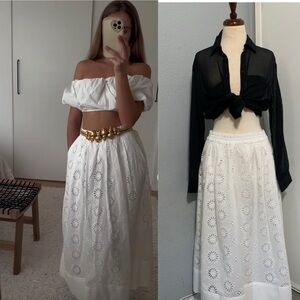 ZARA New High Waisted White Bohemian Embroidered Eyelet Lined Midi Skirt Size M